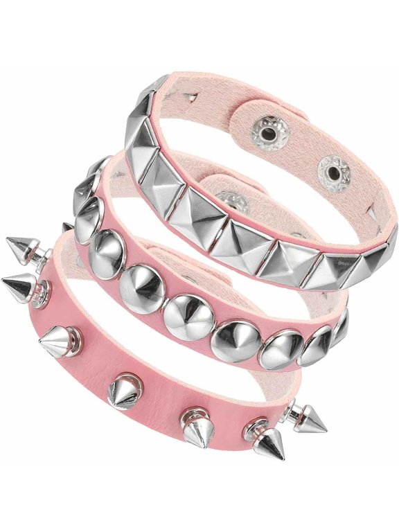 Rock Punk Spiked Faux Leather Bracelet Set, Goth Studded Cuff Wristband Adjustable Bracelets for Halloween Party Favors Grunge Accessories Pink -