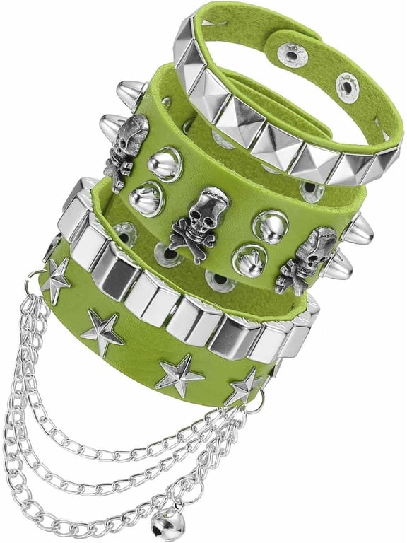 Rock Punk Studded Faux Leather Bracelet Set, Goth Spiked Cuff Wristband Adjustable Bracelets for Halloween Party Favors Emo Grunge Accessories Grass Green -