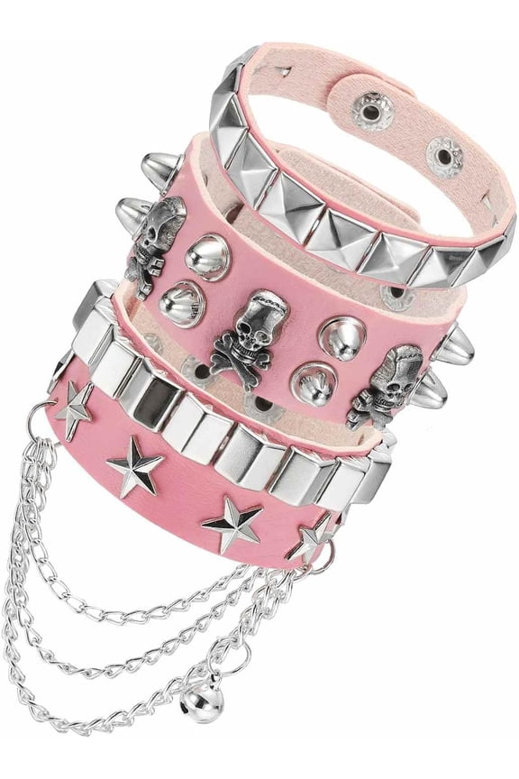 Rock Punk Studded Faux Leather Bracelet Set, Goth Spiked Cuff Wristband Adjustable Bracelets for Halloween Party Favors Emo Grunge Accessories Pink -