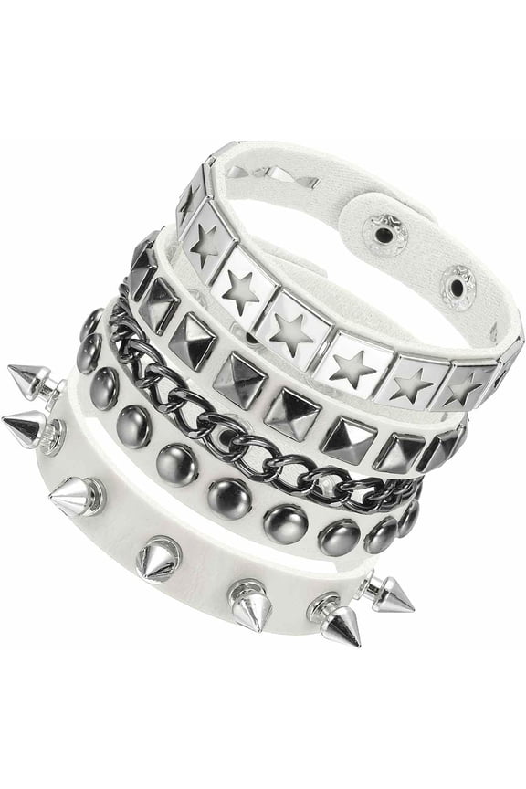 Rock Punk Studded Faux Leather Bracelet Set, Goth Spiked Cuff Wristband Adjustable for Emo Grunge Accessories Halloween Party Favors White -