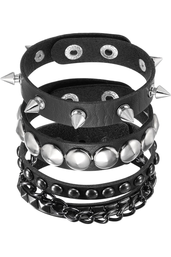 Rock Punk Studded Leather Bracelet Set, Goth Spiked Cuff PU Wristband Adjustable Bracelets Emo Grunge Accessories Halloween Party Favors Black -