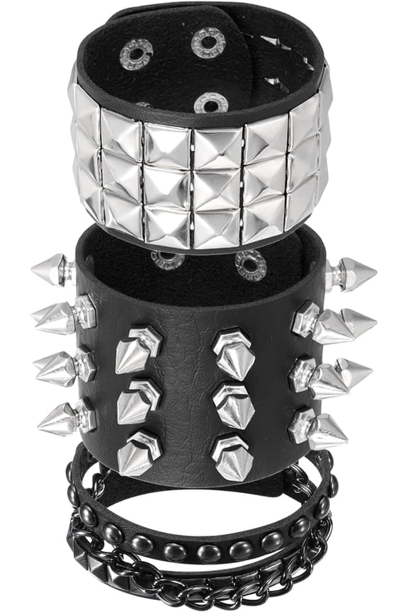 Rock Punk Studded Leather Layered Bracelet Set, Goth Spiked Cuff PU Wristband Adjustable Bracelets Emo Grunge Accessories Halloween Party Favors Black -