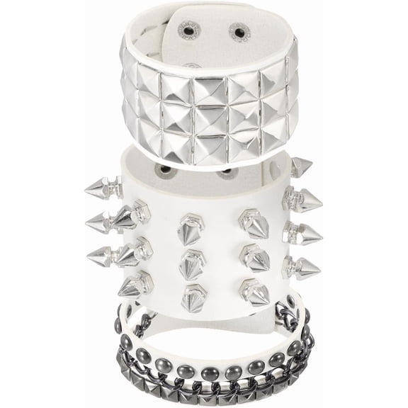 Rock Punk Studded Leather Layered Bracelet Set, Goth Spiked Cuff PU Wristband Adjustable Bracelets Emo Grunge Accessories Halloween Party Favors White -