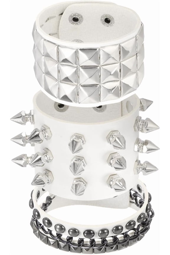 Rock Punk Studded Leather Layered Bracelet Set, Goth Spiked Cuff PU Wristband Adjustable Bracelets Emo Grunge Accessories Halloween Party Favors White -