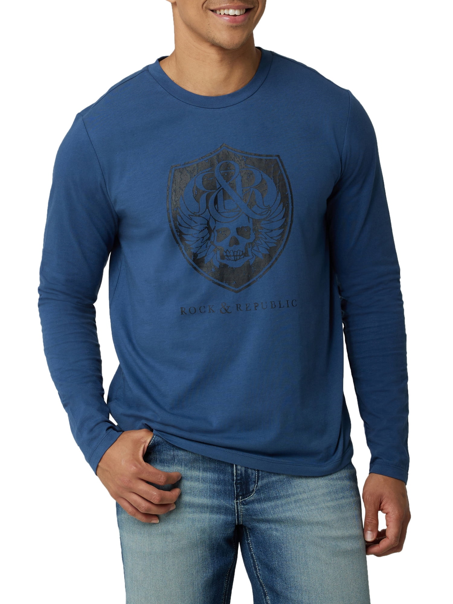 Rock & Republic Men's Long Sleeve Crew Neck Skull Tee