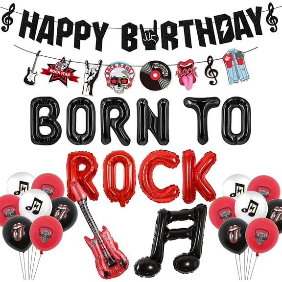 Rock and Roll Birthday Party Decorations Born to Rock Balloons Happy Birthday Banner Garland Music Notes Guitar Foil Balloons for Rock Star Themed Birthday Party Supplies