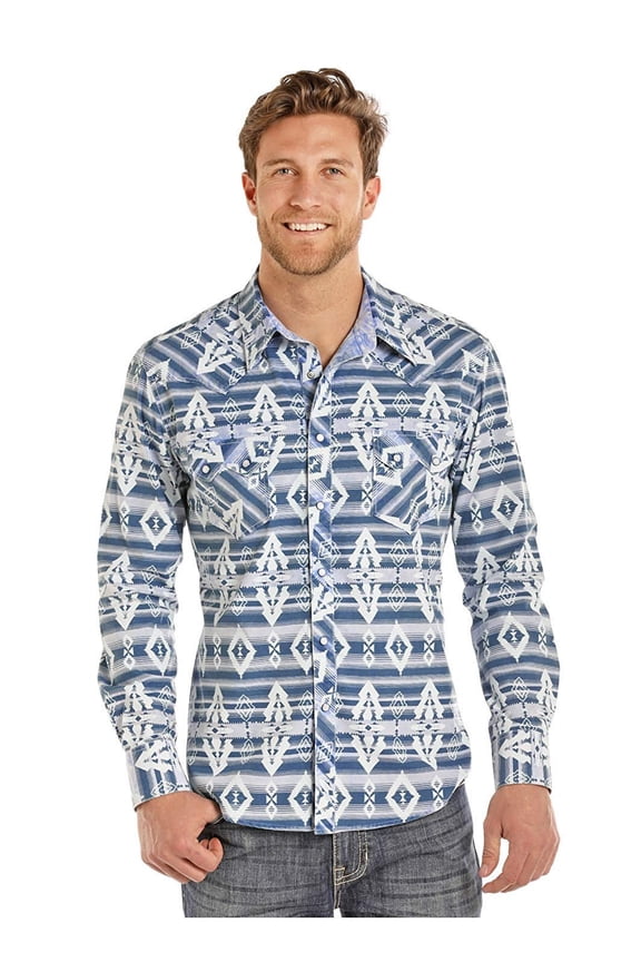 Rock  Roll Cowboy Men's Chambray Striped Aztec Button Down B2S8004