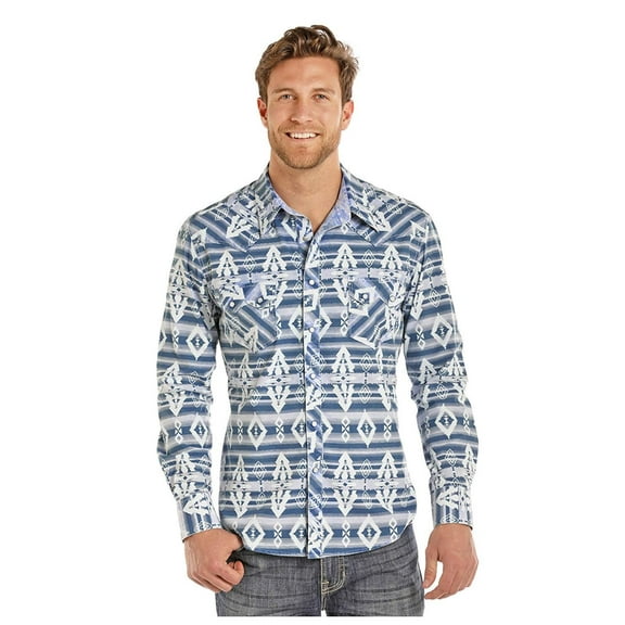 Rock Roll Cowboy Men's Chambray Striped Aztec Button Down B2S8004