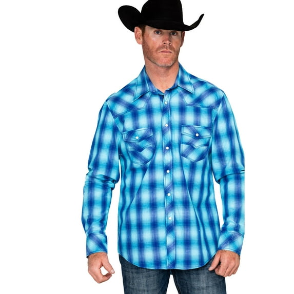 Rock Roll Cowboy Men's Blue Crinkled Yarndye Plaid Shirts B2S1149