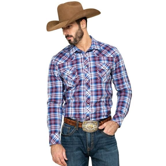 Rock & Roll Denim Men's And Ombre Crinkle Plaid Long Sleeve Western Shirt Blue XX-