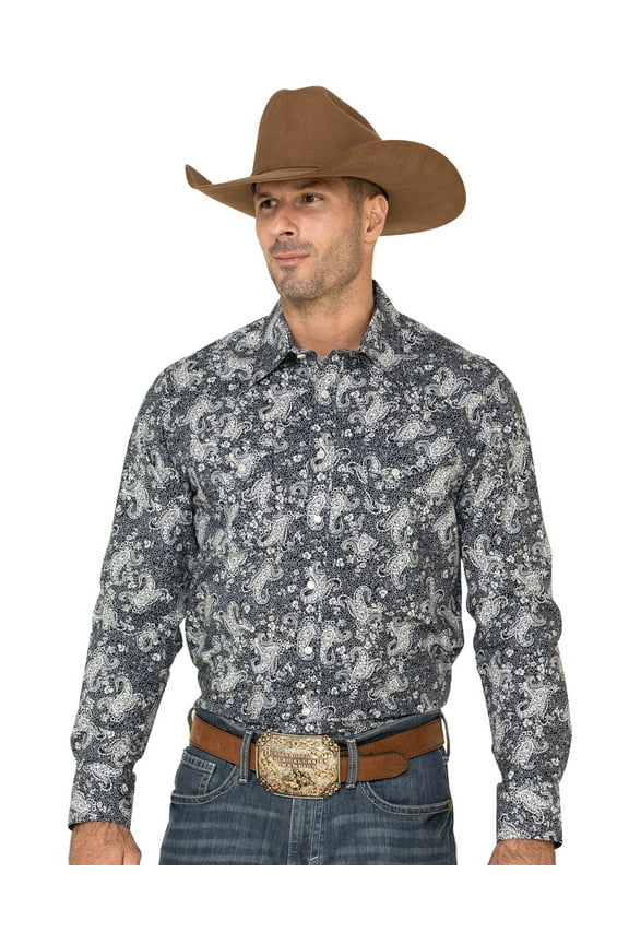 Rock & Roll Denim Men's And Paisley Print Long Sleeve Western Shirt Navy Medium