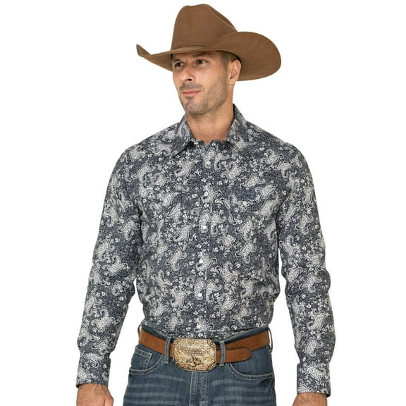 Rock & Roll Denim Men's And Paisley Print Long Sleeve Western Shirt Navy Medium
