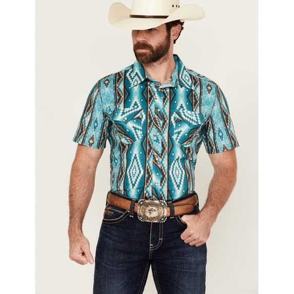 Rock & Roll Denim Men's And Southwestern Print Short Sleeve Snap Stretch Western Turquoise