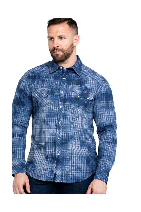 Rock & Roll Denim Men's And Spray Washed Satin Plaid Long Sleeve Western Shirt Blue Medium
