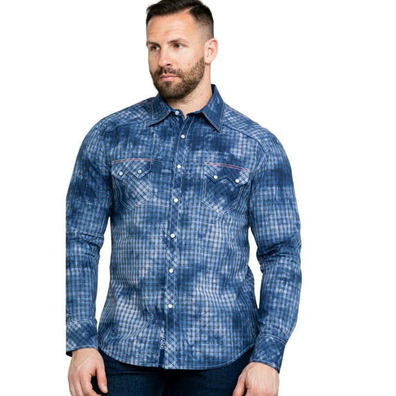 Rock & Roll Denim Men's And Spray Washed Satin Plaid Long Sleeve Western Shirt Blue Medium