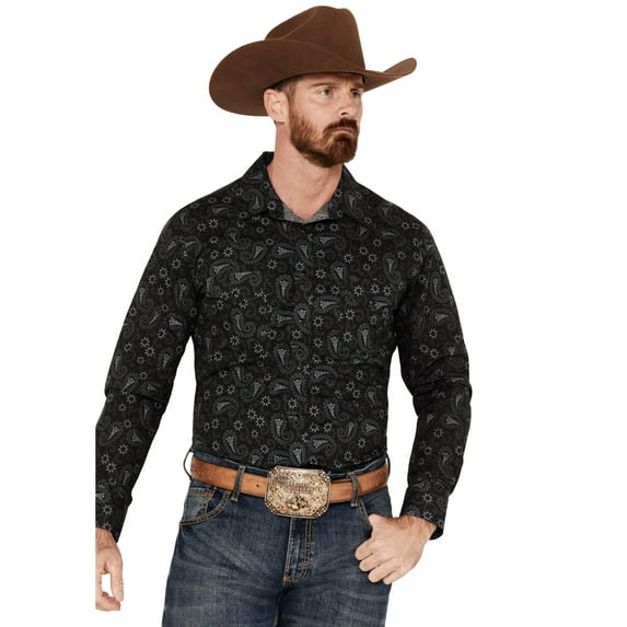 Rock & Roll Denim Men's And V46 Paisley Print Short Sleeve Snap Western Shirt Black Large