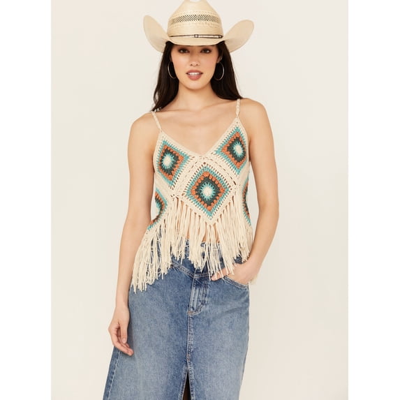 Rock & Roll Denim Women's And Crochet Fringe Tank Cream Large US