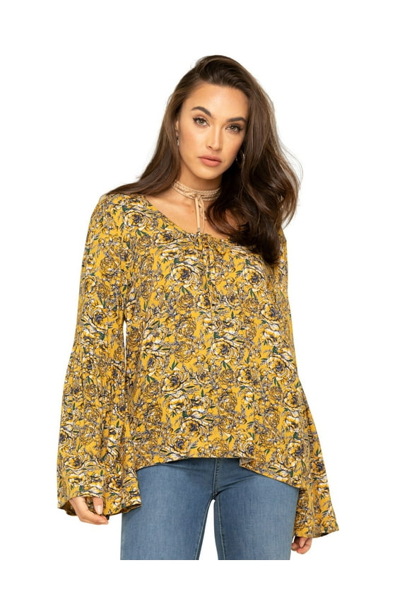 Rock & Roll Denim Women's And Yellow Floral Bell Sleeve Top Mustard Small US