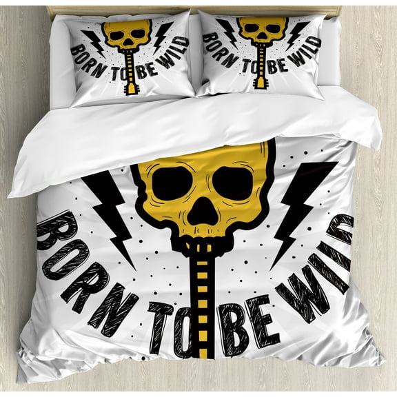 Rock and Roll Duvet Cover Set, Born to Be Wild Calligraphy Skull Shaped Guitar, Decorative 3 Piece Bedding Set with 2 Pillow Shams, Queen Size, Earth Yellow Grey, by Ambesonne