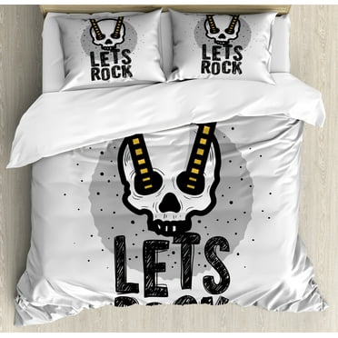 Rock and Roll Duvet Cover Set, Pattern of Human Skull and Guitar Music, Decorative 3 Piece Bedding Set with 2 Pillow Shams, Calking Size, Grey Mustard, by Ambesonne
