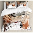 thumbnail image 1 of Rock and Roll Duvet Cover Set Queen Size, Close Scene of a Man Playing his Guitar, 3 Piece Bedding Set with 2 Pillow Shams, Dark Eggshell Pastel Brown Pale Cinnamon Brown, by Ambesonne, 1 of 3