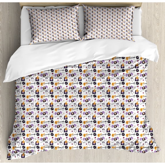 Rock and Roll Duvet Cover Set, Repetitive of Alternative Music Instruments, Decorative 3 Piece Bedding Set with 2 Pillow Shams, Queen Size, Orange Violet, by Ambesonne