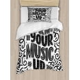 thumbnail image 1 of Rock and Roll Duvet Cover Set Twin Size, Turn Your Music Up Vintage Lettering with Curls and Strokes, 2 Piece Bedding Set with 1 Pillow Sham, Charcoal Grey and White, by Ambesonne, 1 of 3