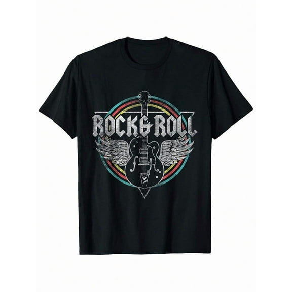 Rock Roll Guitar Wings Music Graphic Tees Summer Tshirt Short Sleeve Casual Black T Shirts 100% Cotton 220g For Men Womens Shirts Men's Short-Sleeved Soft Outdoor Print Tee Shirt Funny Printed Mens Co
