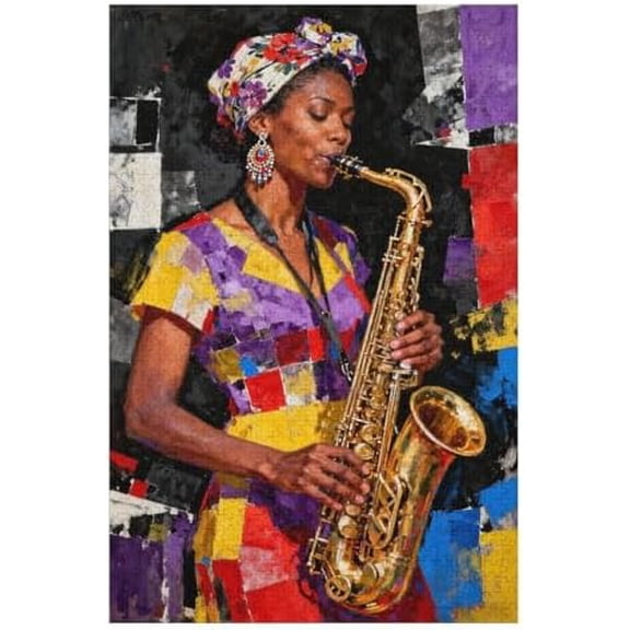 Rock & Roll Saxophone Lady 1000 Piece Puzzle - African Black Musician Jazz Art, Colorful DIY Puzzle, Relaxing Family Activity, Challenging Game, Fun Home Decoration Gift