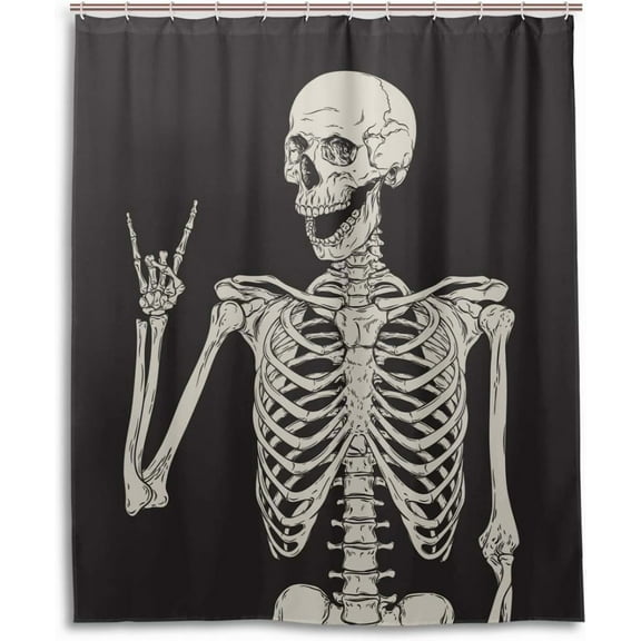 Rock and Roll Skull Skeleton Bone Love Music Shower Curtain Polyester Waterproof, Sugar Candy Skull Day of Dead On Black Backdrop Bath Room Shower Curtain 60x72in
