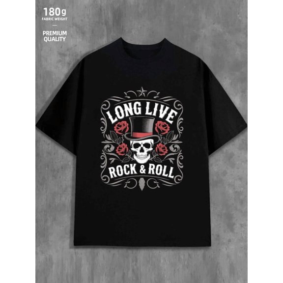 Rock & Roll Skull men's 180G 100% Cotton black Classic Unisex Shirt Graphic tshirts Unique Design Unisex Shirt Graphic Tee tshirts Funny Unisex Shirt Graphic Tee tshirts