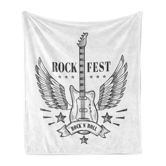 Rock and Roll Soft Flannel Fleece Blanket, Pattern of Rock Festival Design with a Winged Guitar and Stars, Cozy Plush for Indoor and Outdoor Use, 50" x 60", Charcoal Grey and White, by Ambesonne