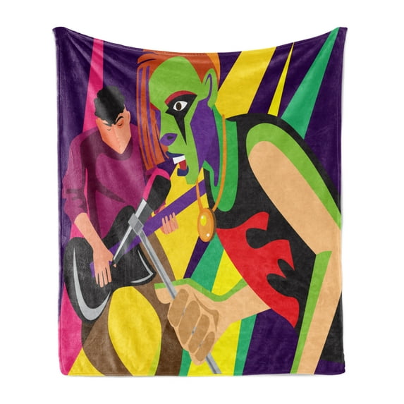 Rock and Roll Soft Flannel Fleece Throw Blanket, Gothic Heavy Tune Lovers in a Creative and Colorful Style, Cozy Plush for Indoor and Outdoor Use, 60" x 80", Dark Purple Multicolor, by Ambesonne
