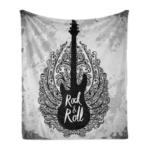 Rock and Roll Soft Flannel Fleece Throw Blanket, Greyscale Retro Grunge Graphic of Electric Guitar Ornaments, Cozy Plush for Indoor and Outdoor Use, 50" x 60", Charcoal Grey Grey, by Ambesonne