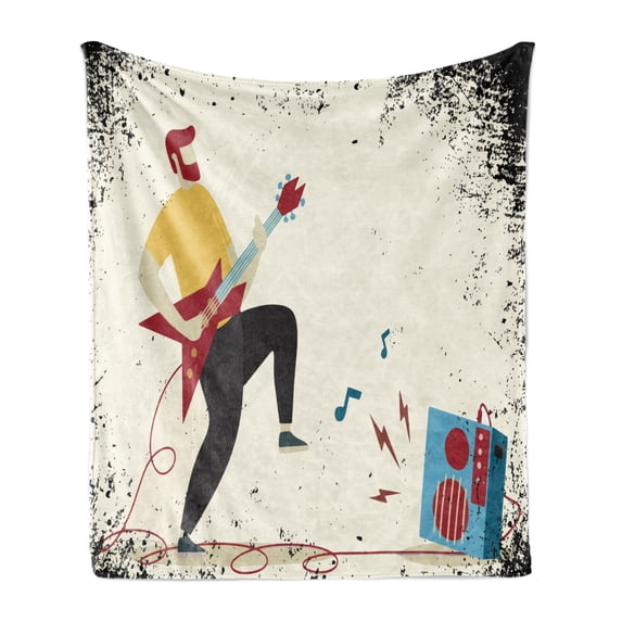 Rock and Roll Soft Flannel Fleece Throw Blanket, Grungy Pattern of a Young Man Performing, Cozy Plush for Indoor and Outdoor Use, 70" x 90", Ivory Multicolor, by Ambesonne