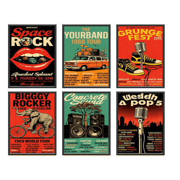 Rock Roll Wall Art Set of 6 Vintage Rock Festival Music Party Wall Decor Vinyl Records Store Musical Jazz Canvas Poster for Livingroom Bedroom Decoration Style B 8x10 UNFRAMED