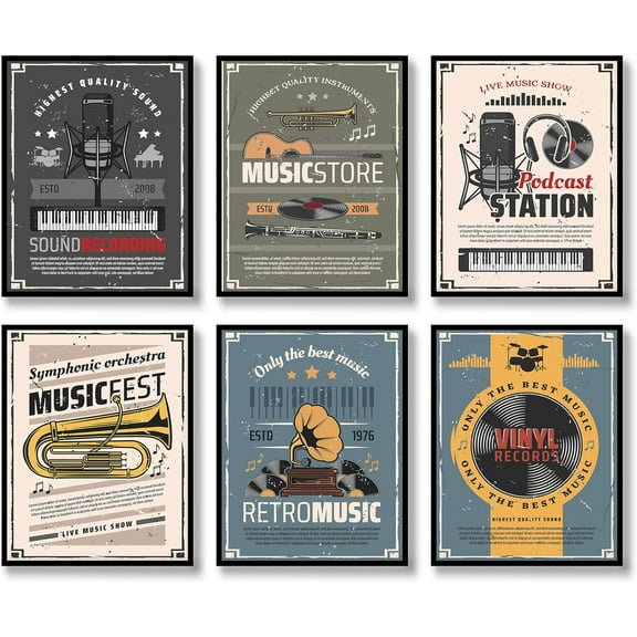 Rock Roll Wall Art Set of 6 Vintage Rock Festival Music Party Wall Decor Vinyl Records Store Musical Jazz Canvas Poster for Livingroom Bedroom Decoration (C, 8"x10" UNFRAMED)