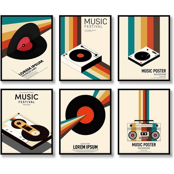 Rock Roll Wall Art Set of 6 Vintage Rock Festival Music Party Wall Decor Vinyl Records Store Musical Jazz Canvas Poster for Livingroom Bedroom Decoration (E, 8"x10" UNFRAMED)