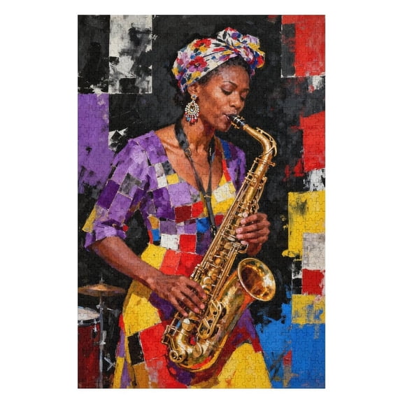 Rock and Roll Woman 1000 Piece Jigsaw Puzzles for Adults Jazz Musician Painting Jigsaw Puzzle Africa Black Lady 1000 Pieces Puzzles Game Cool Lady Playing Saxophone Wall Decor DIY Craft Puzzle Art