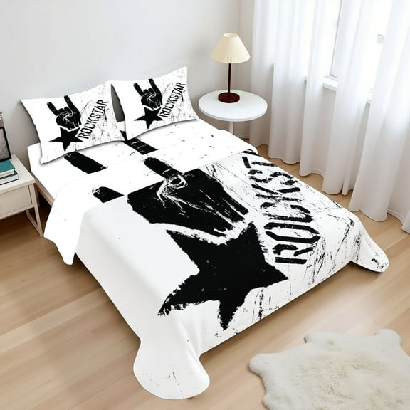 Ambesonne Rock Fitted & Top Sheet Set with Shams, Grunge Effect Hand Star, Pale Grey and Black
