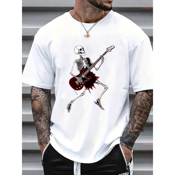 Rock Skeleton Playing Guitar Graphic Casual Short Sleeve Crew Neck T-Shirt, Breathable Men’s Streetwear Summer Top