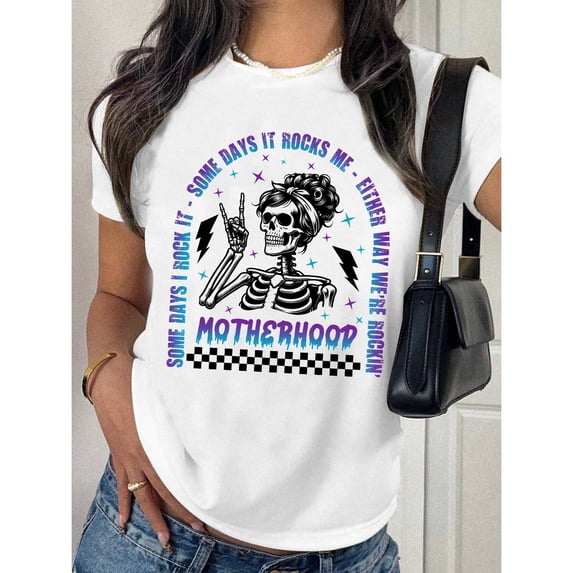 Rock Skeleton T-Shirt Graphic Tee Letter Top Design Casual Short Sleeve Round Neck White S-5XL