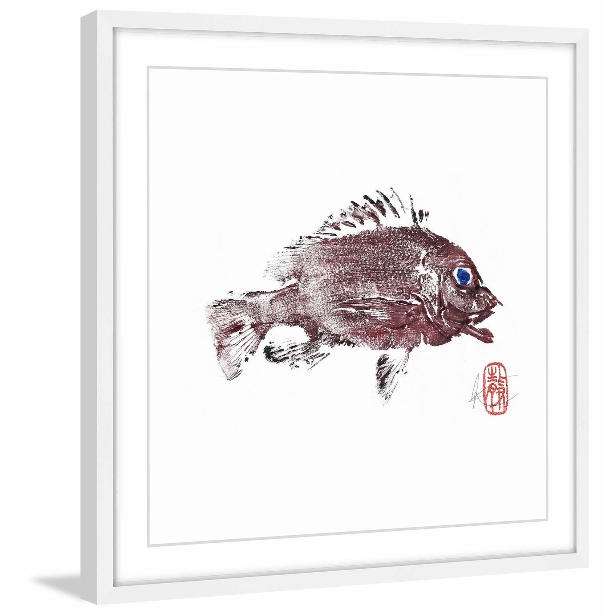 Red and White Framed Canvas Print of Fish, 14" x 14"