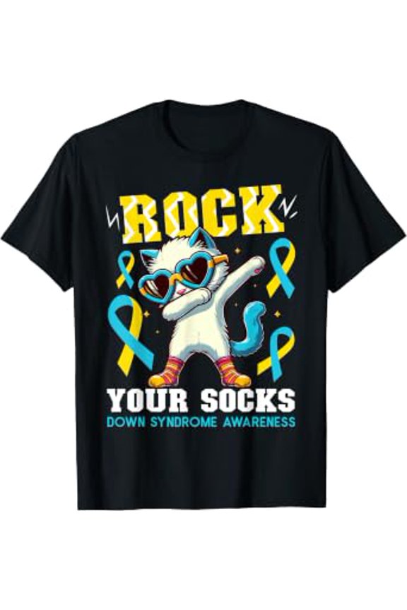 Rock Socks Down Syndrome Awareness Cat WDSD T-Shirt