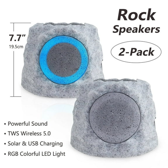 NiceBuy 2-Pack 7.7" Bluetooth Rock Speakers, Powerful Sound Solar Outdoor Wireless TWS Stereo Speaker with RGB Colorful LED Light for Indoor Outside Patio Garden