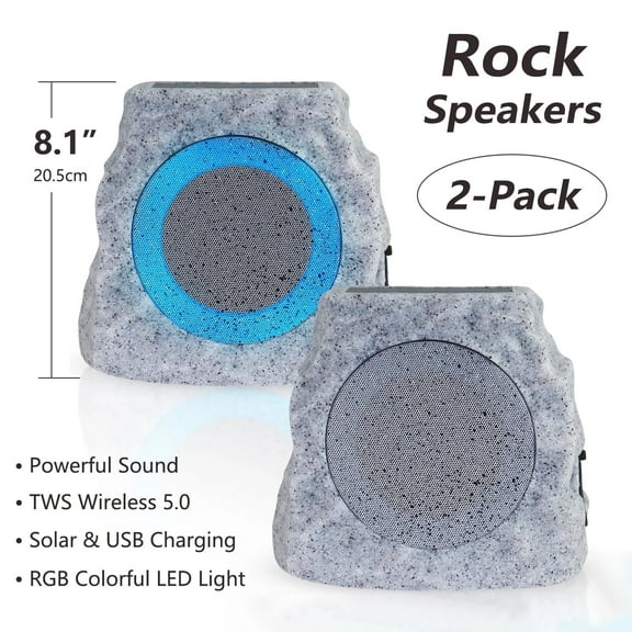 NiceBuy 2-Pack 8.1" Bluetooth Rock Speakers, Powerful Sound Solar Outdoor Wireless TWS Stereo Speaker with RGB Colorful LED Light for Indoor Outside Patio Garden