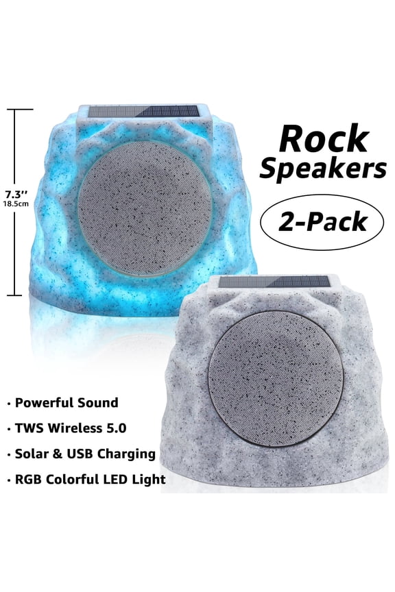 Outdoor Waterproof Solar Powered Bluetooth Rock Speakers with TWS Pairing and RGB Lights, 2 Pack