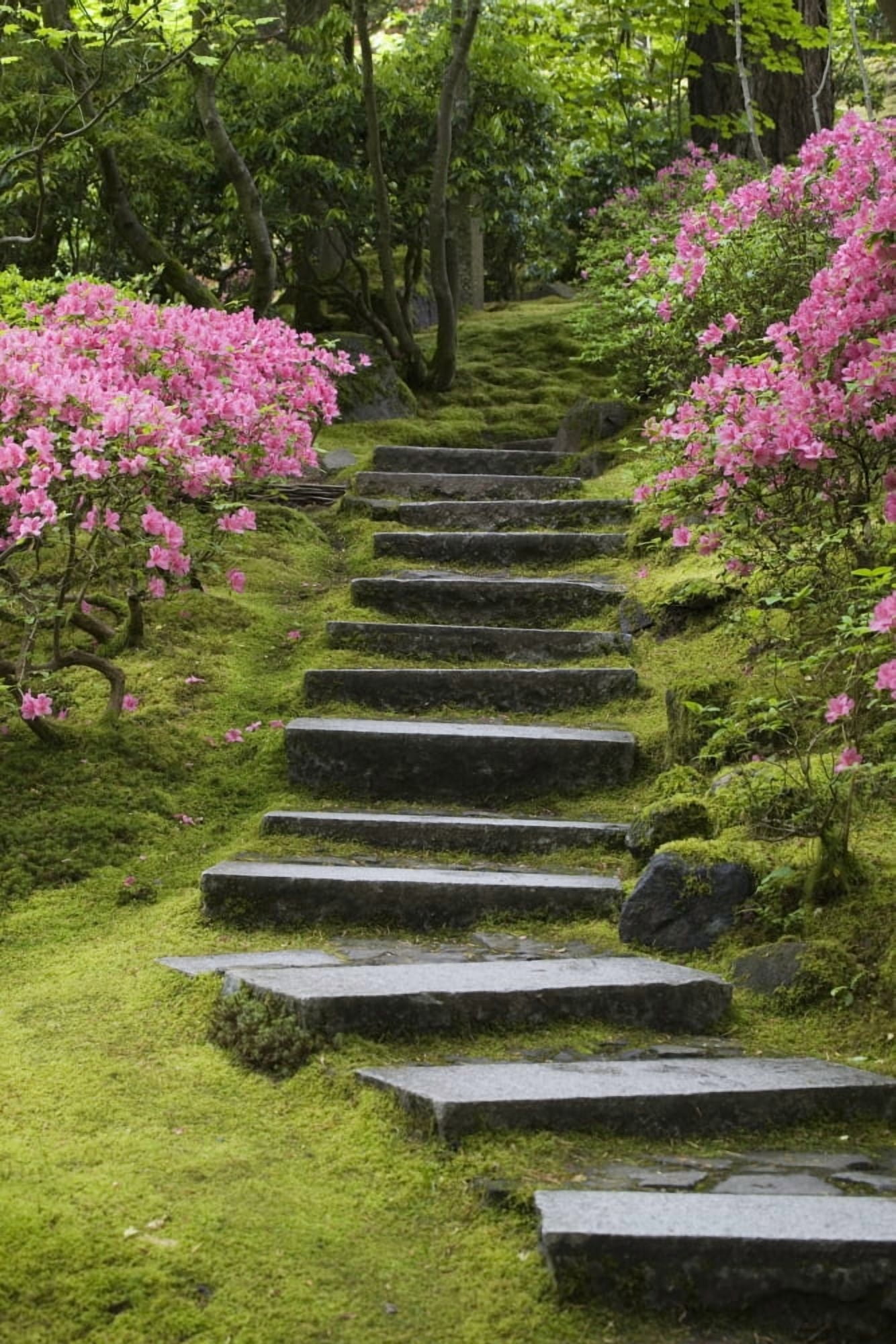 Rock Stairway Along A Moss Covered Hill With Flowering Bushes Portland Oregon United States Of America Canvas Art - Michael Interisano Design Pics (12 x 19)