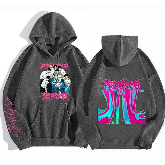 Rock-Star Stray Kids Singer Print Hoodie Loose Casual Hoodie Sweatshirt Dark Gray