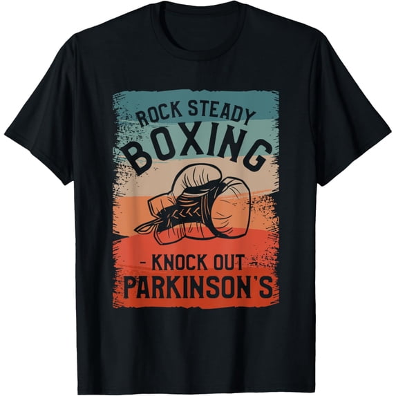 Rock Steady Boxing Knock Out Parkinson's Awareness T-ShirtMen and women can wear, black T-shirts, gifts. Age: M,L,XL 2XL, 3XL, 1028XL